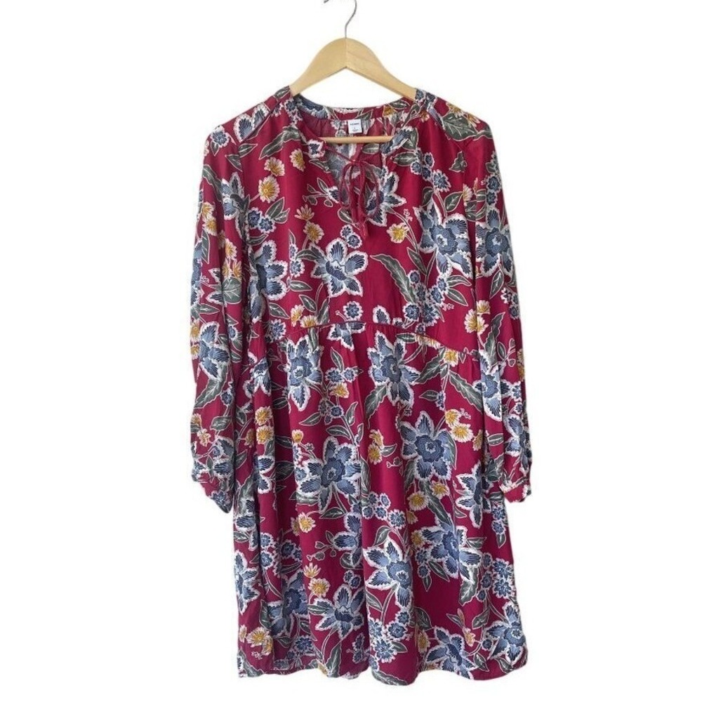 Old Navy Womens‎ Long Sleeve Floral Dress Size L Boho Peasant Tie Neck Oversized